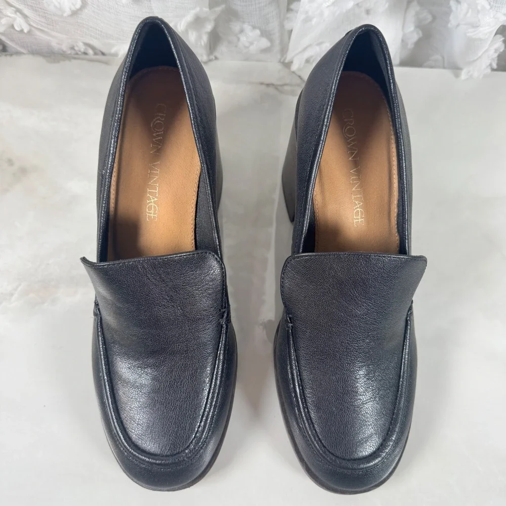 Crown Vintage Caitlun‎ Black Leather Slip On Loafers Pumps Chunky Heel Y2K 9M
